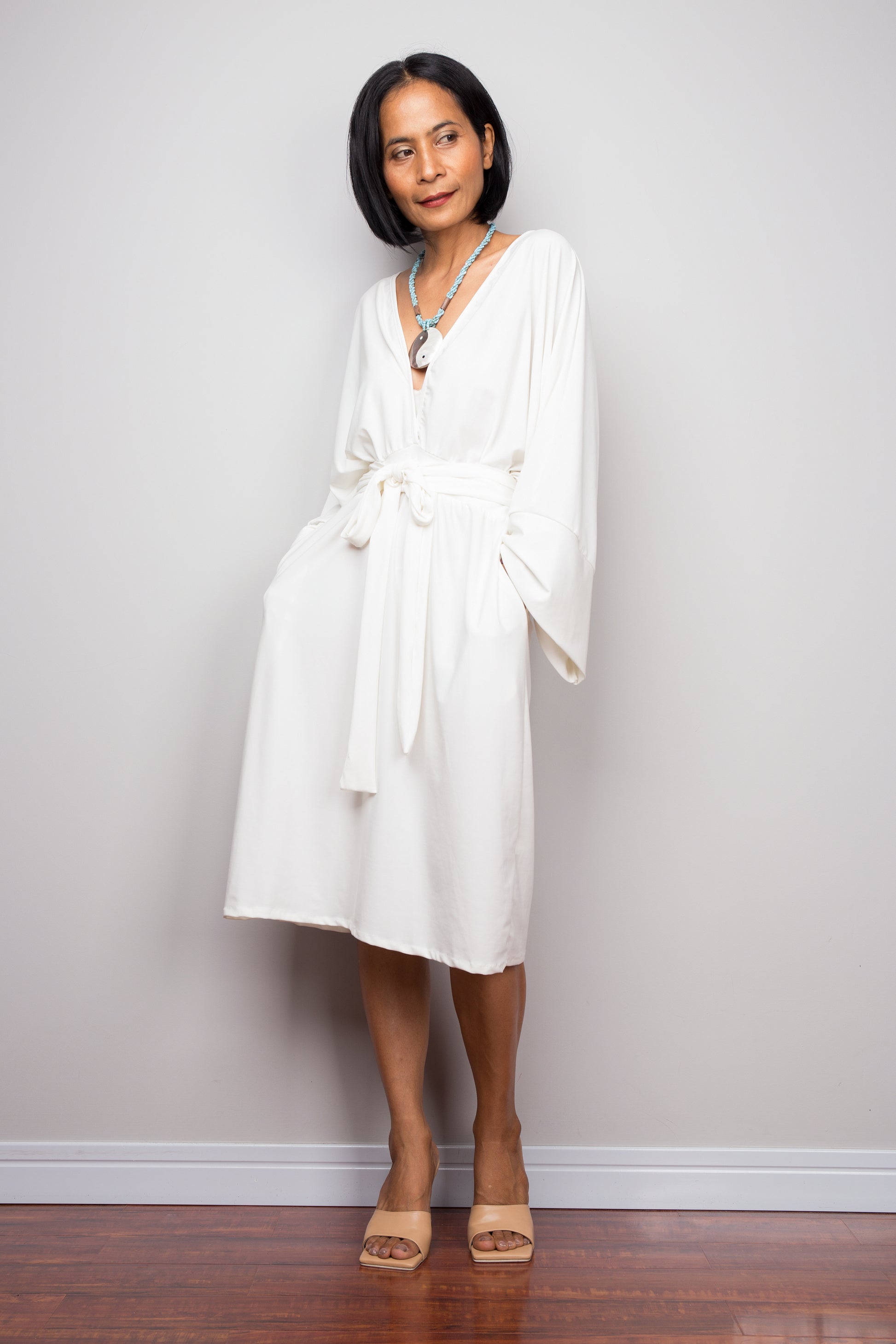 Affordable white midi dress.  Off shoulder white dress by Nuichan  Long sleeve white dress with pockets
