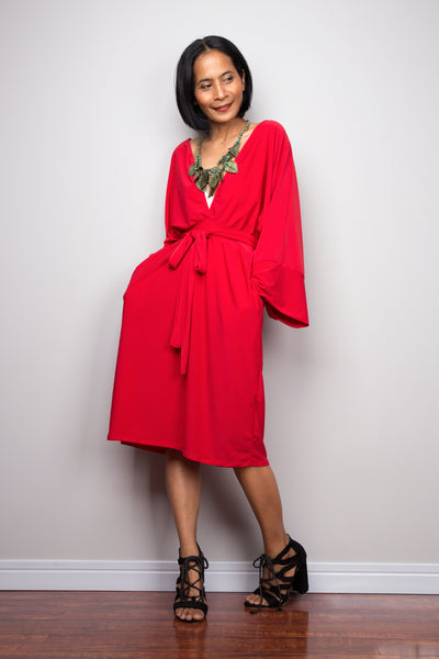 Shop for short red dress.  Off shoulder red dress by Nuichan.  Long sleeve red dress with pockets