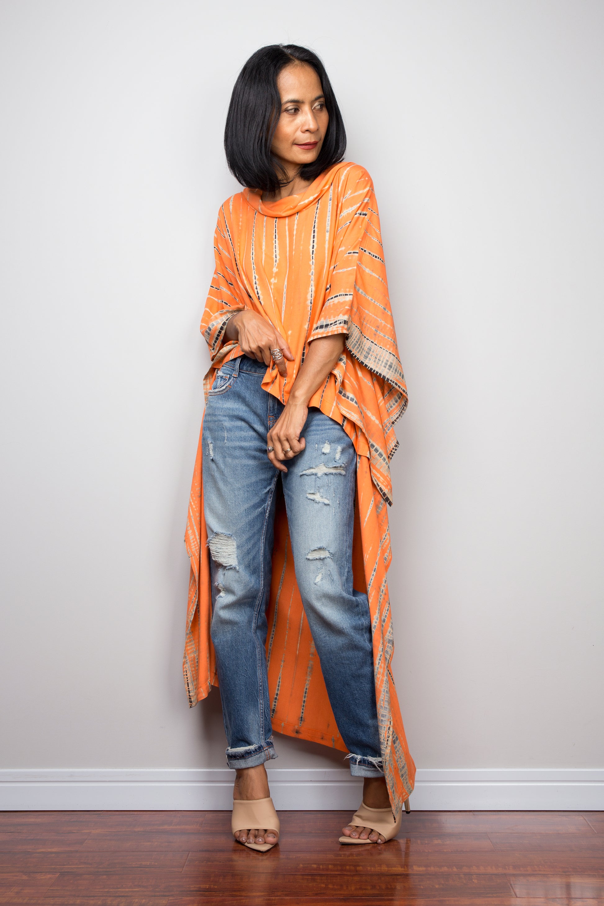 Buy Orange Tie dye Kaftan top online. Short front tie dye dress by Nuichan