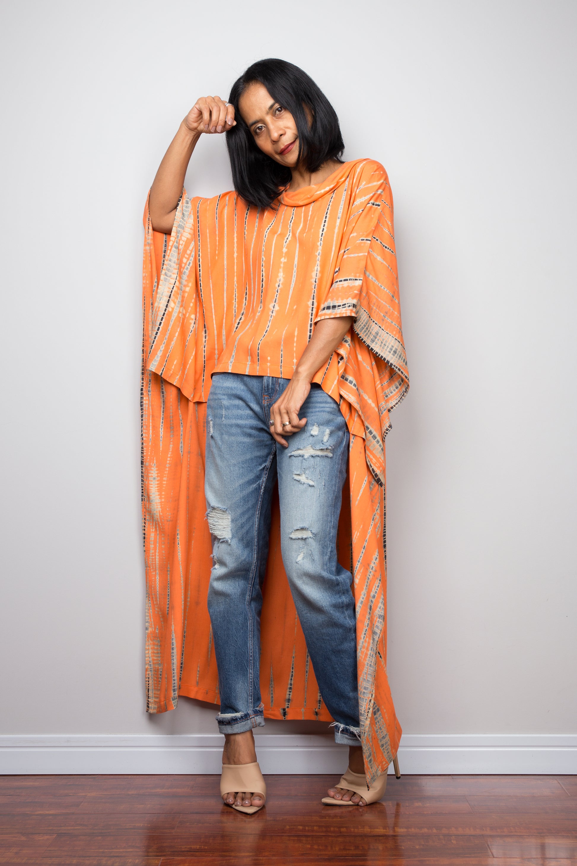 Buy Orange Tie dye Kaftan top online. Short front tie dye dress by Nuichan