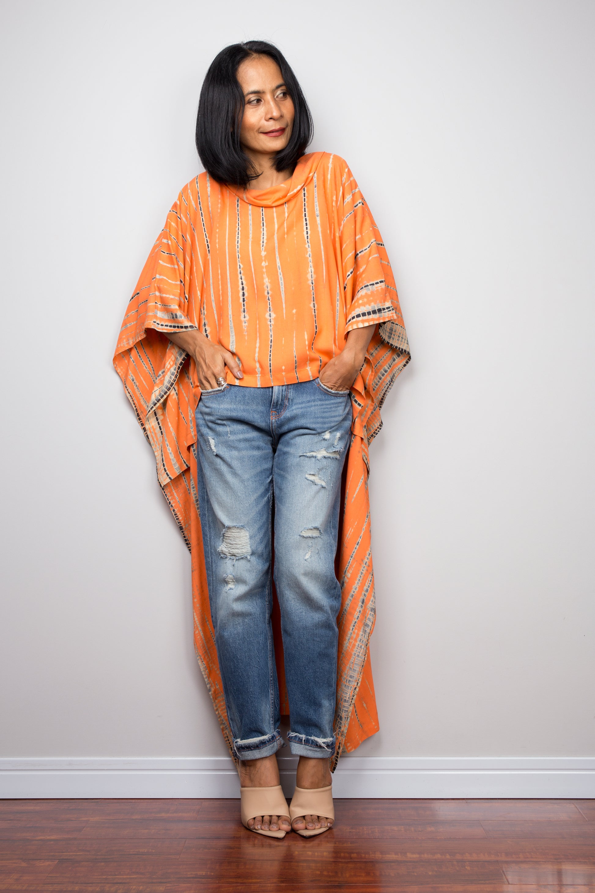 Buy Orange Tie dye Kaftan top online. Short front tie dye dress by Nuichan