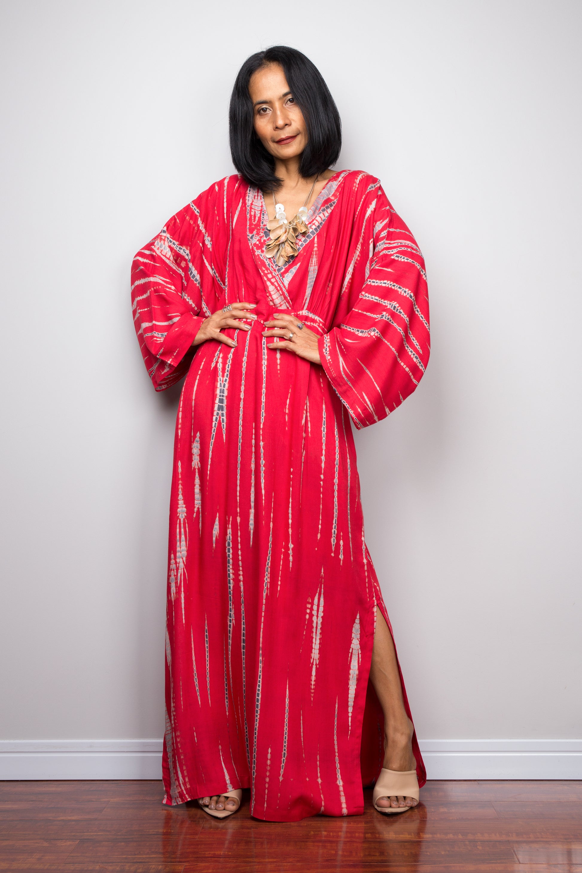 Tie dye kimono kaftan dress, beach dress, red maxi dress, resort kaftan, summer kaftan by Nuichan
