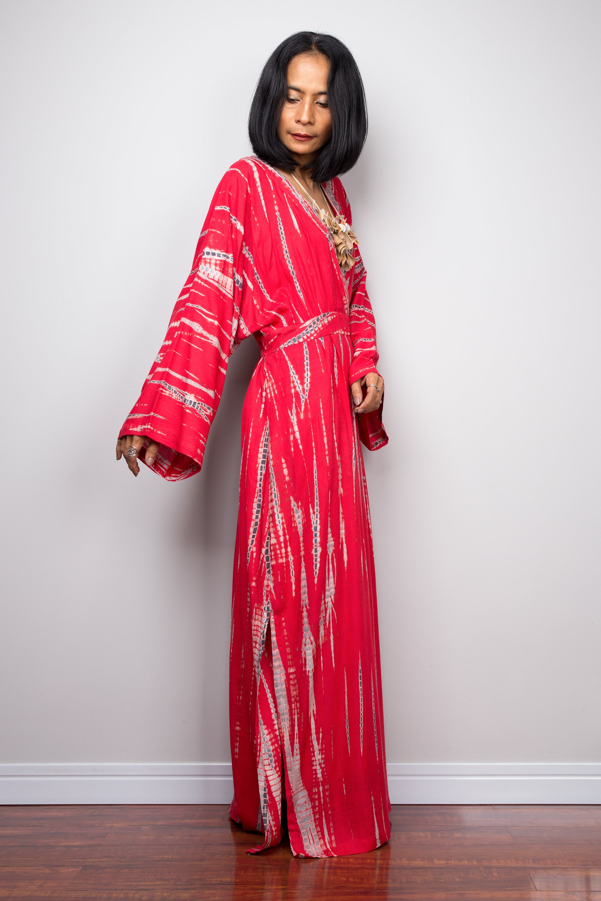 Tie dye kimono kaftan dress, beach dress, red maxi dress, resort kaftan, summer kaftan by Nuichan