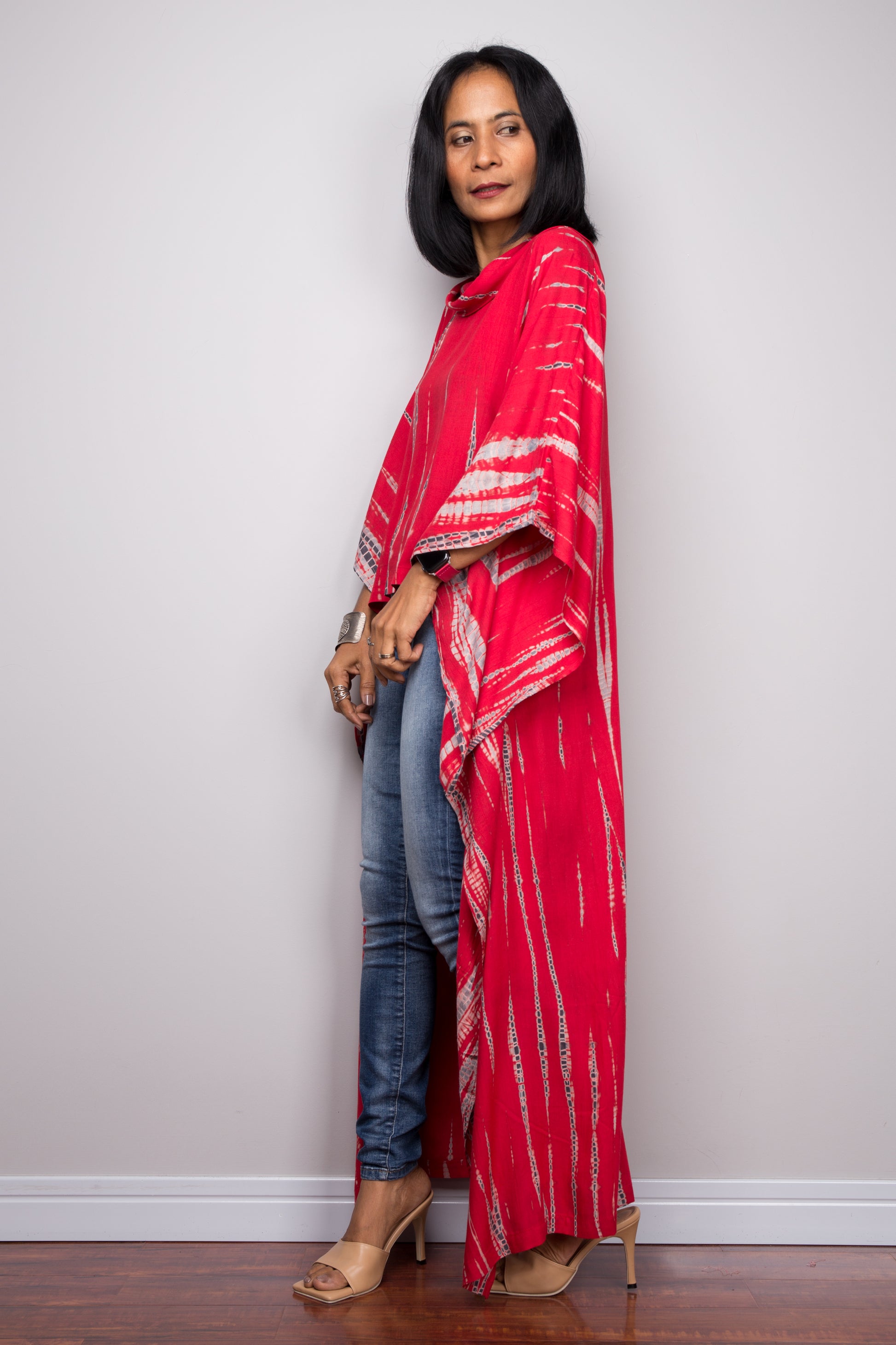 Buy red Tie dye Kaftan top dress online. Short front tie dye dress by Nuichan