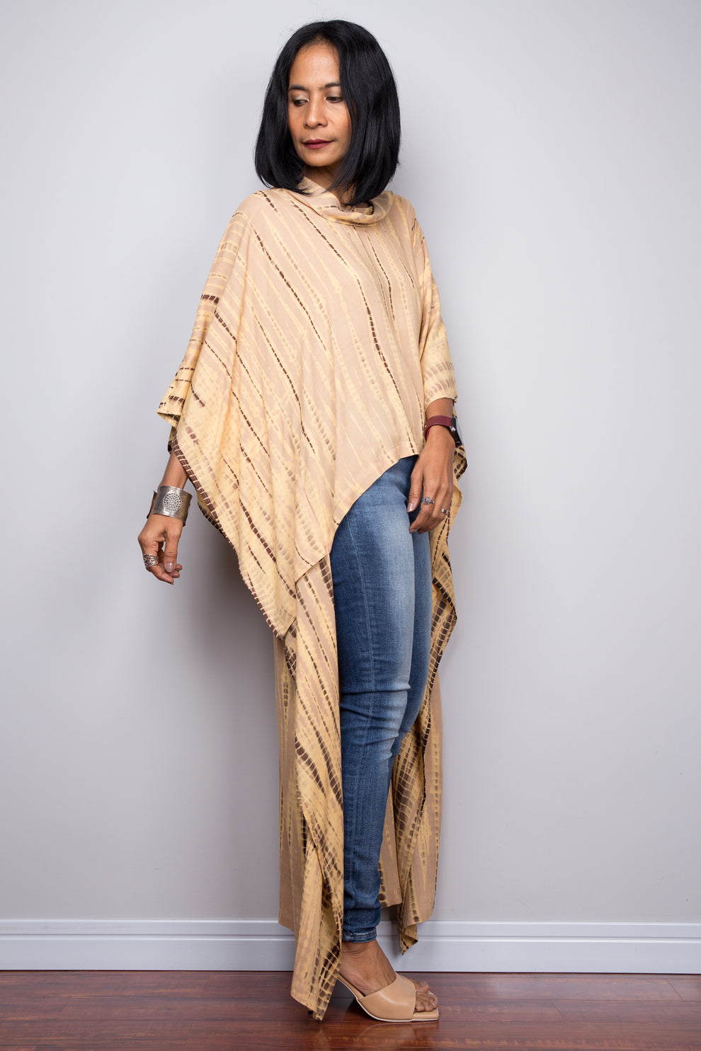 Brown - Bandhani Tie-Dye Cotton Kaftan with Tie-Up Waist (Short)