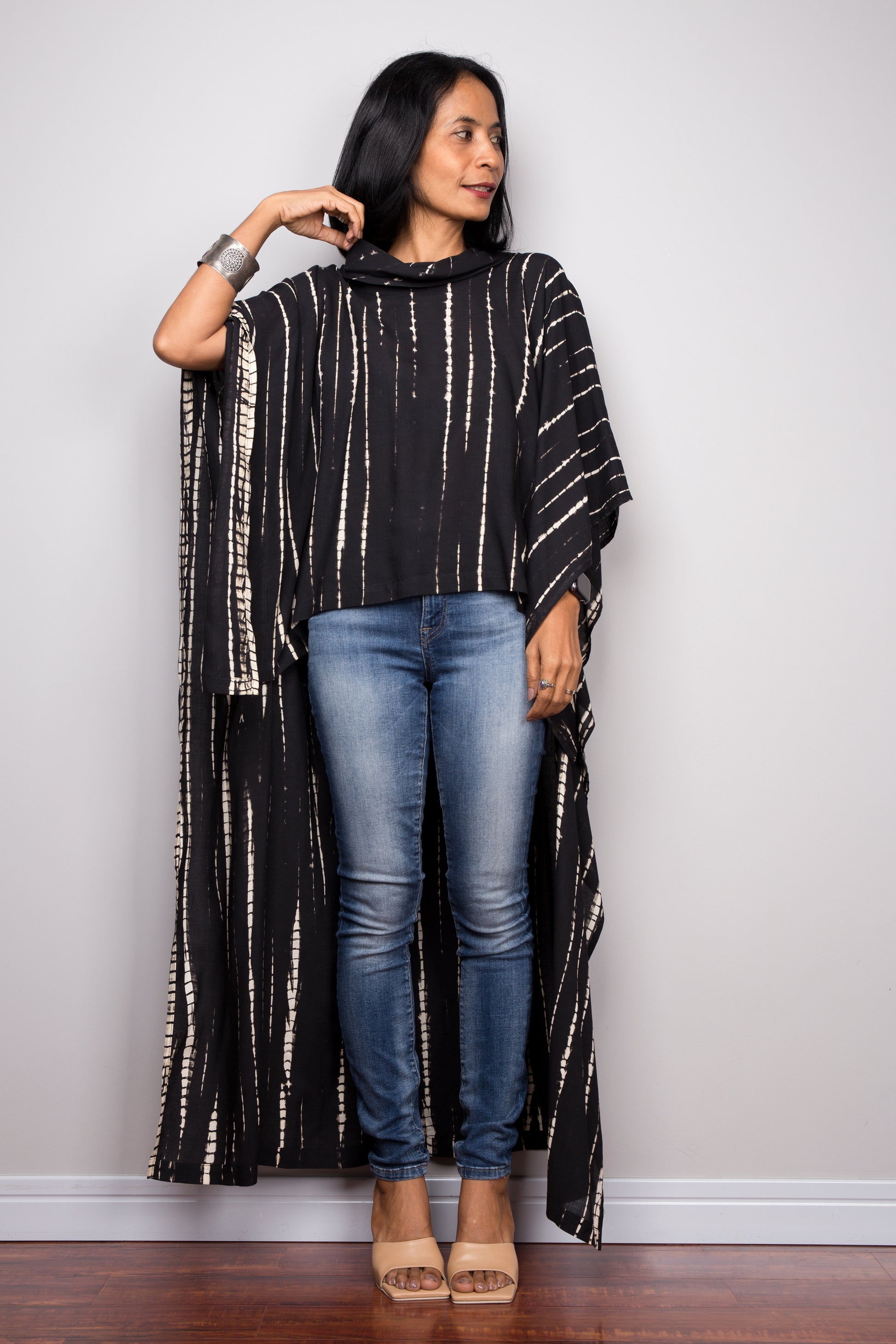 Buy Short front  black dress online.  Tie dye cover up, black kaftan top, loungewear by Nuichan
