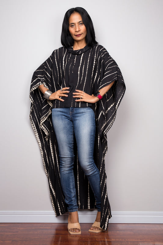 Buy Short front  black dress online.  Tie dye cover up, black kaftan top, loungewear by Nuichan