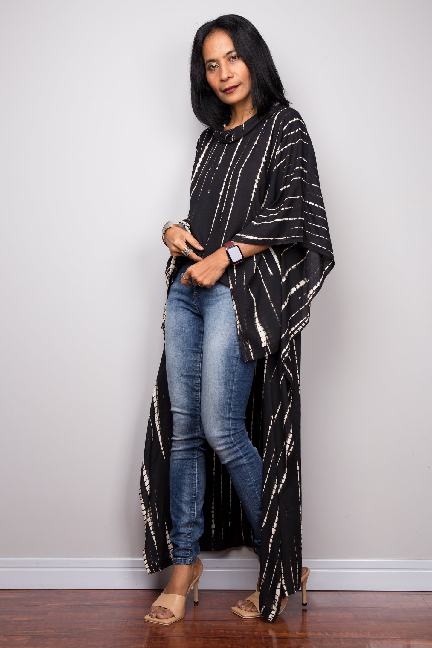 Buy Short front  black dress online.  Tie dye cover up, black kaftan top, loungewear by Nuichan