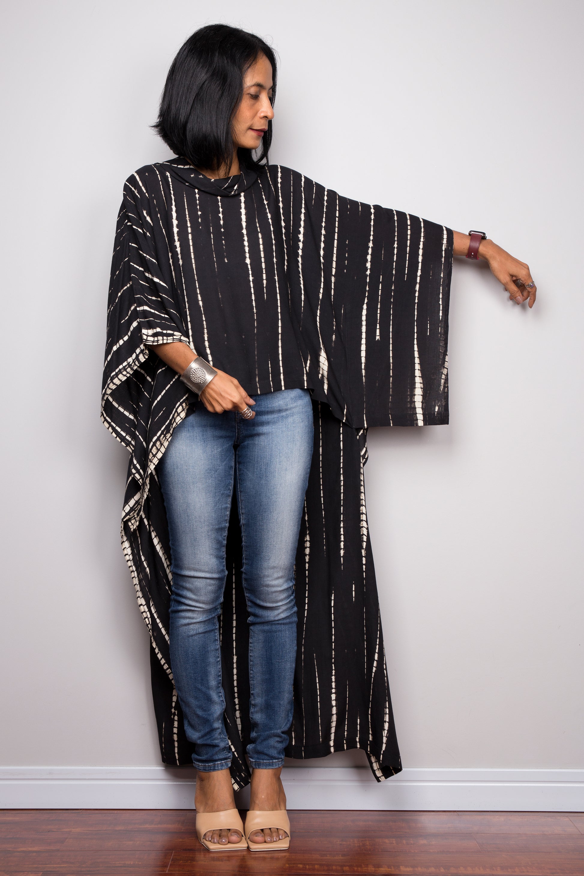 Buy Short front  black dress online.  Tie dye cover up, black kaftan top, loungewear by Nuichan