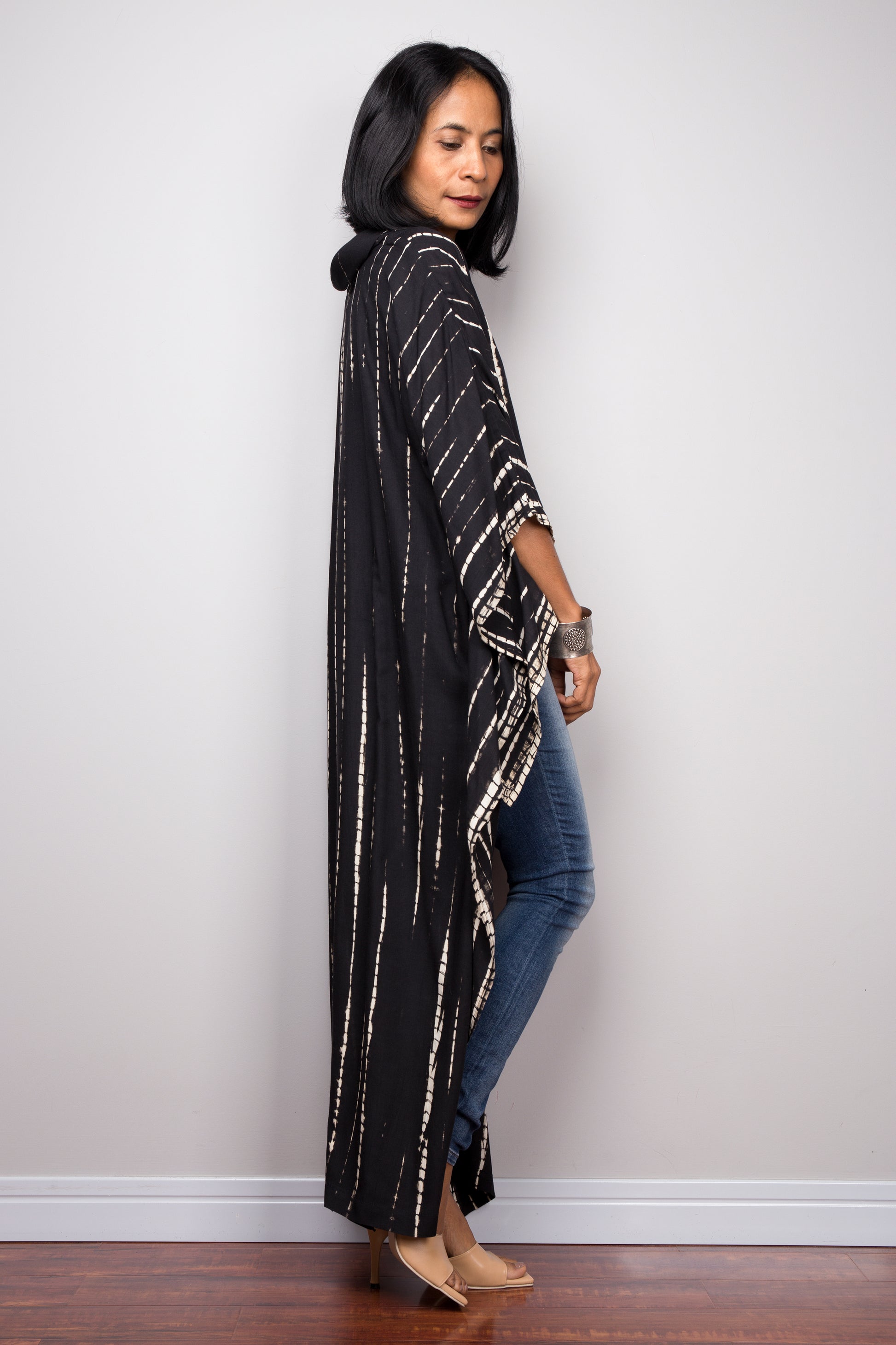 Buy Short front  black dress online.  Tie dye cover up, black kaftan top, loungewear by Nuichan