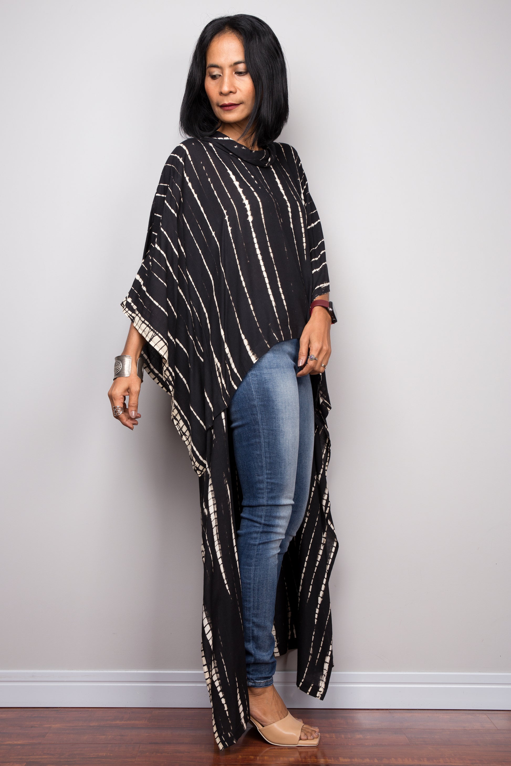 Buy Short front  black dress online.  Tie dye cover up, black kaftan top, loungewear by Nuichan