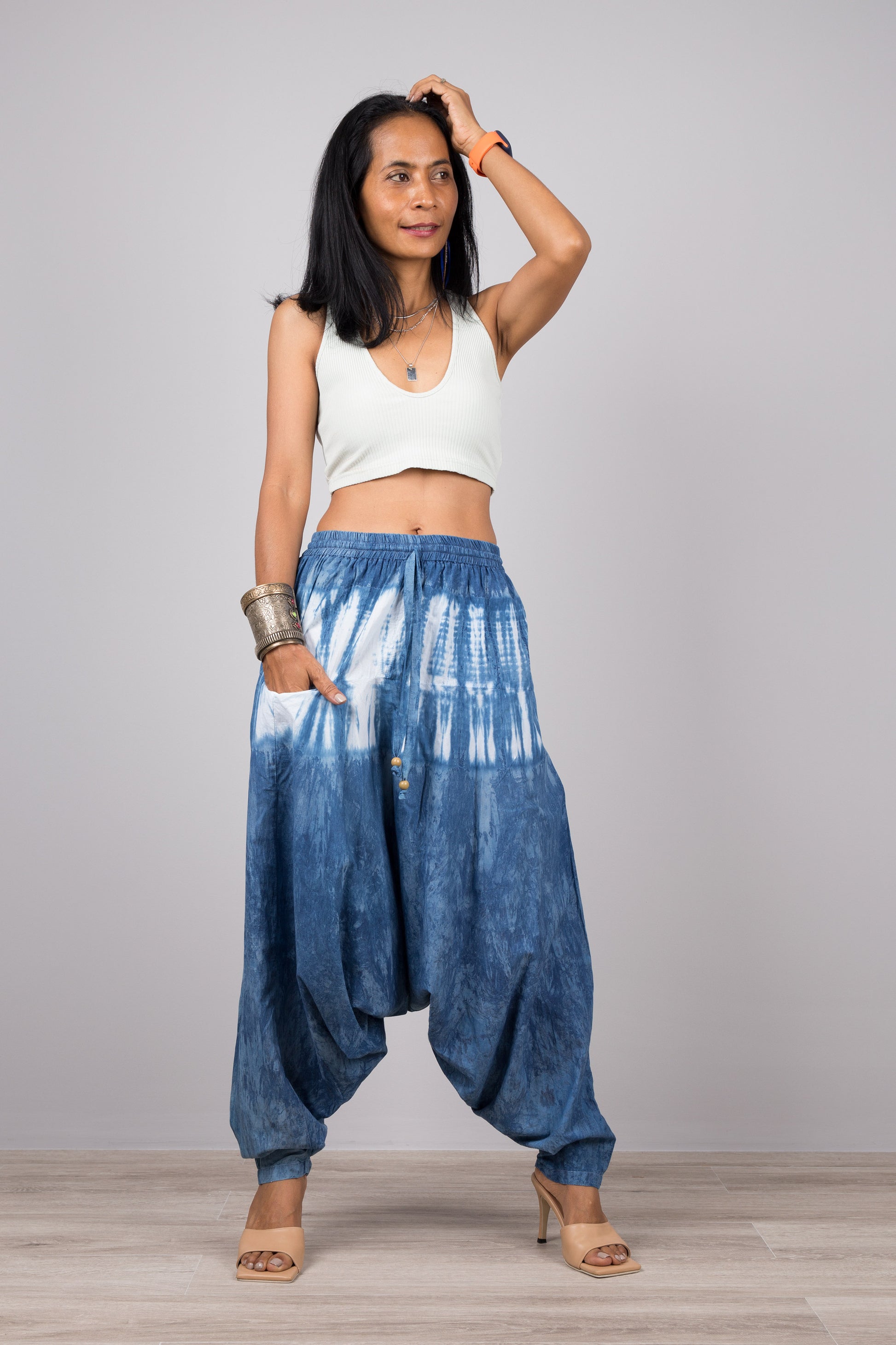 Shibori tie dye pants by Nuichan.  Natural indigo blue harem pants