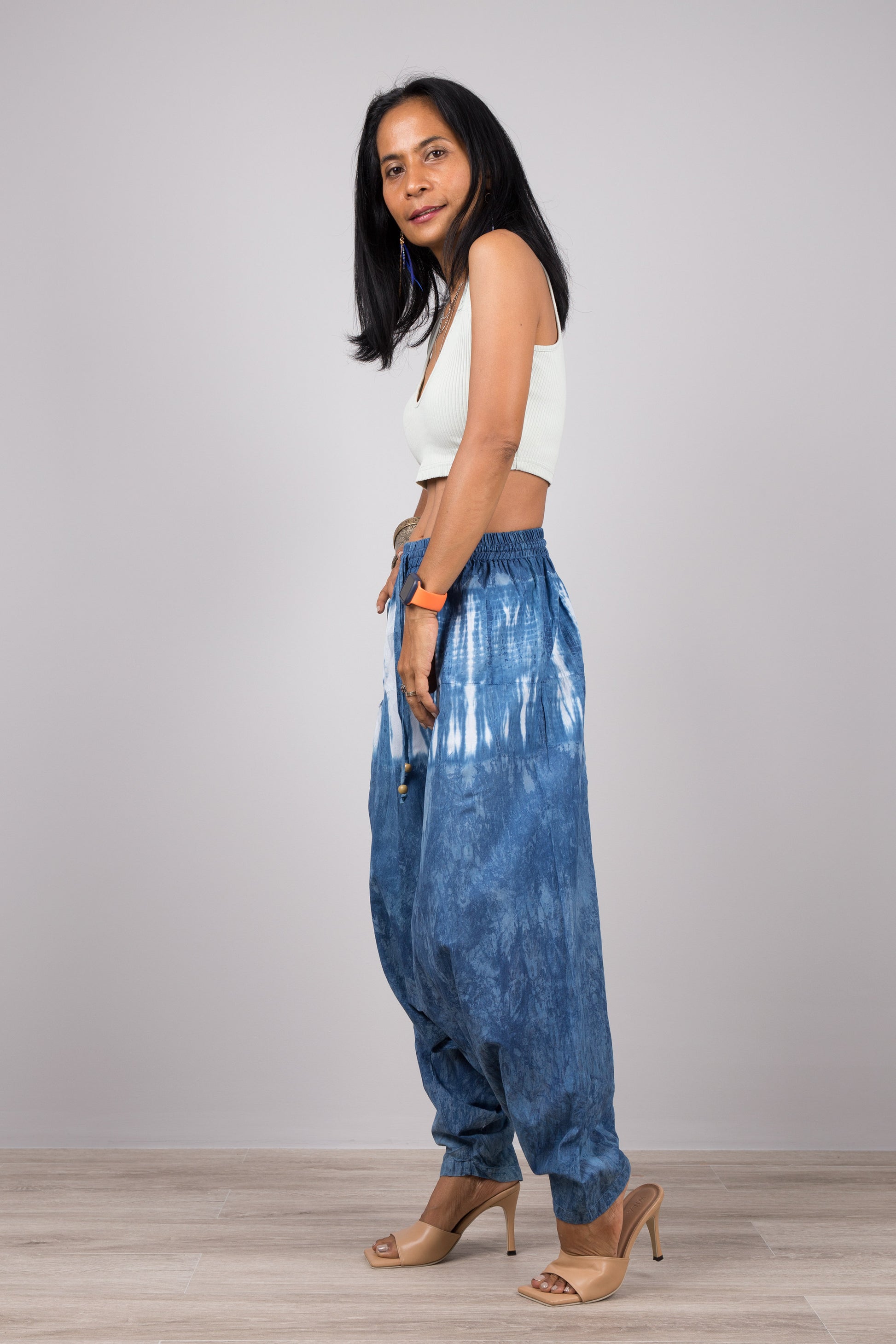 Shibori tie dye pants by Nuichan.  Natural indigo blue harem pants