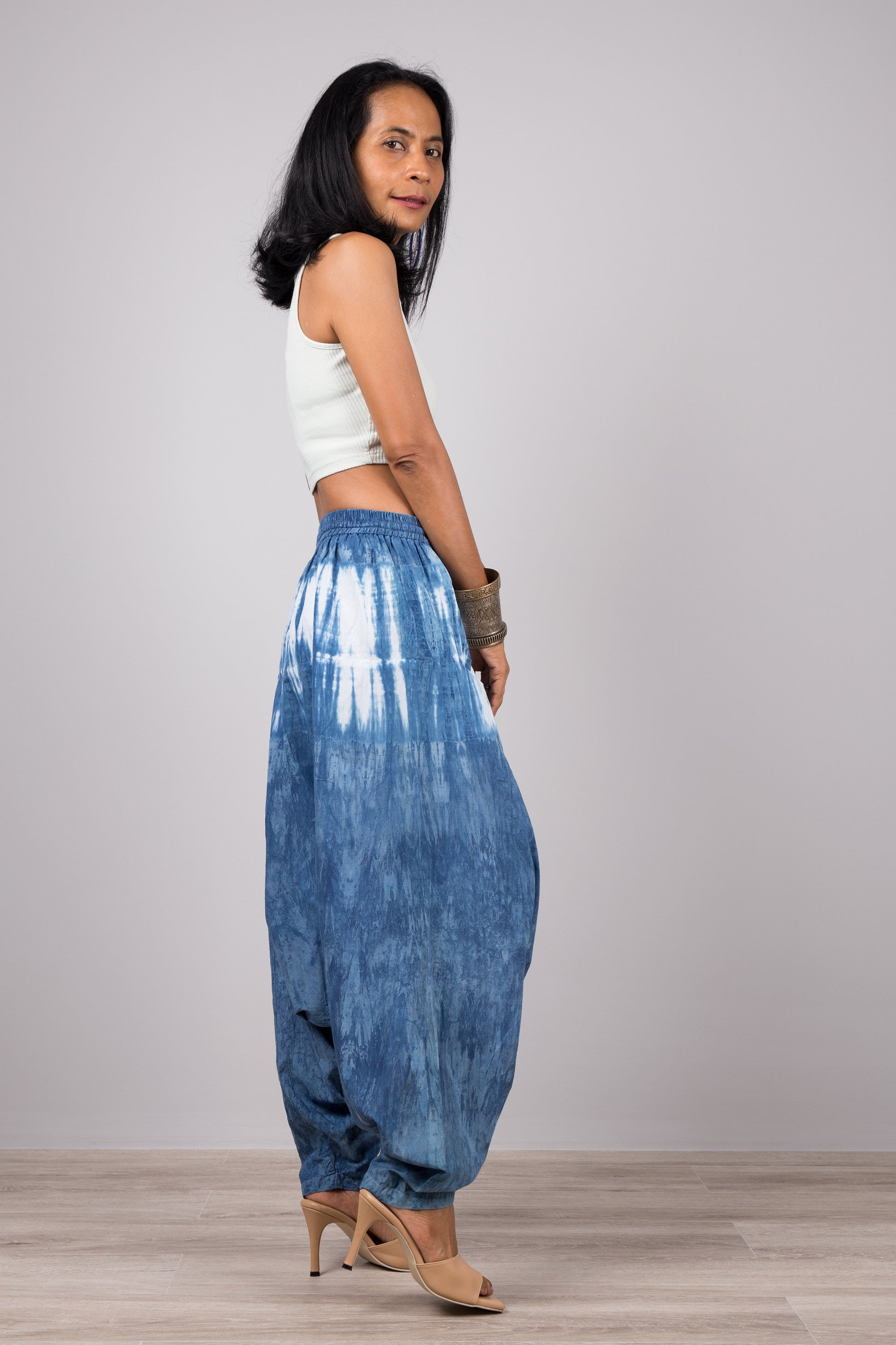 Shibori tie dye pants by Nuichan.  Natural indigo blue harem pants