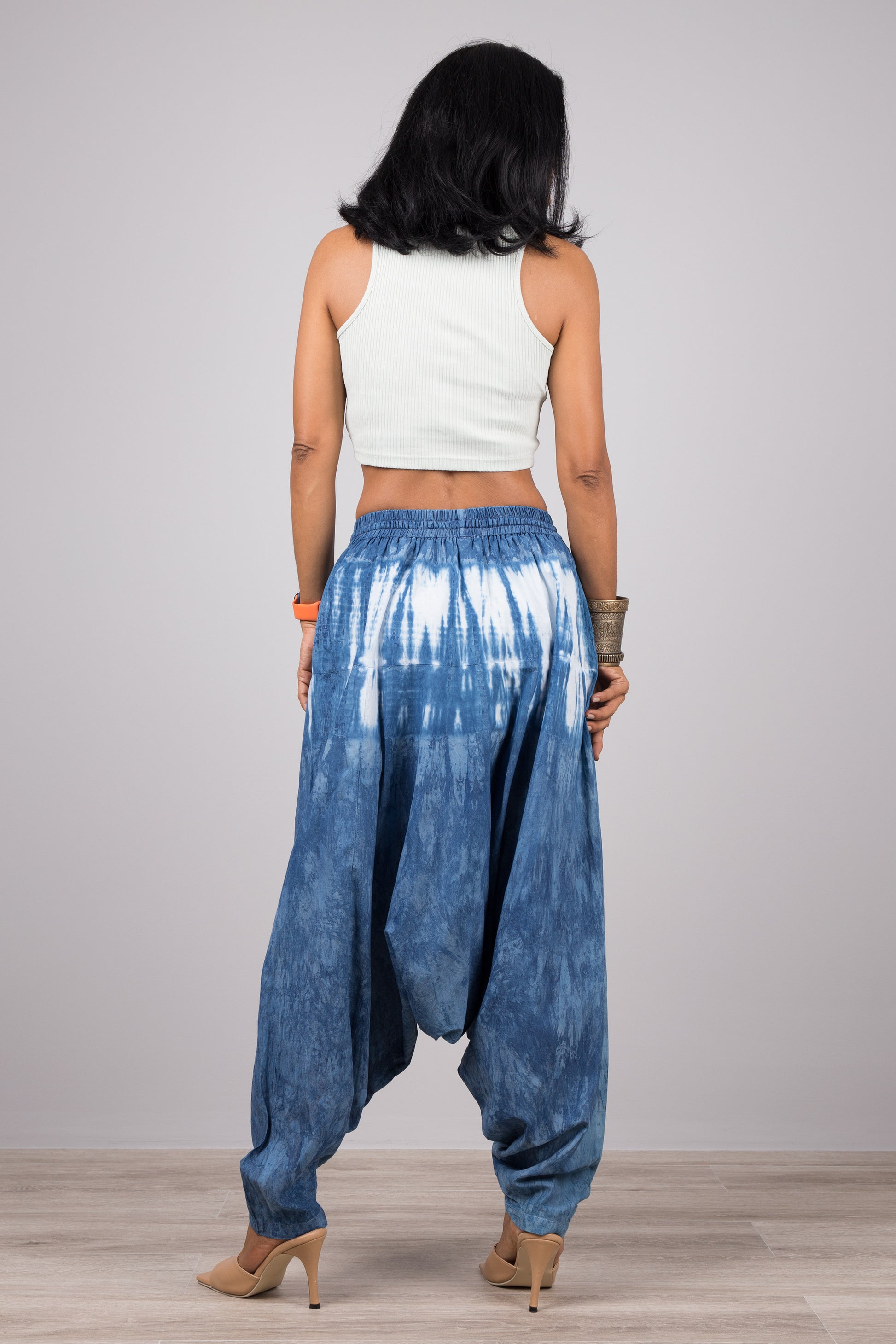 Shibori tie dye pants by Nuichan.  Natural indigo blue harem pants