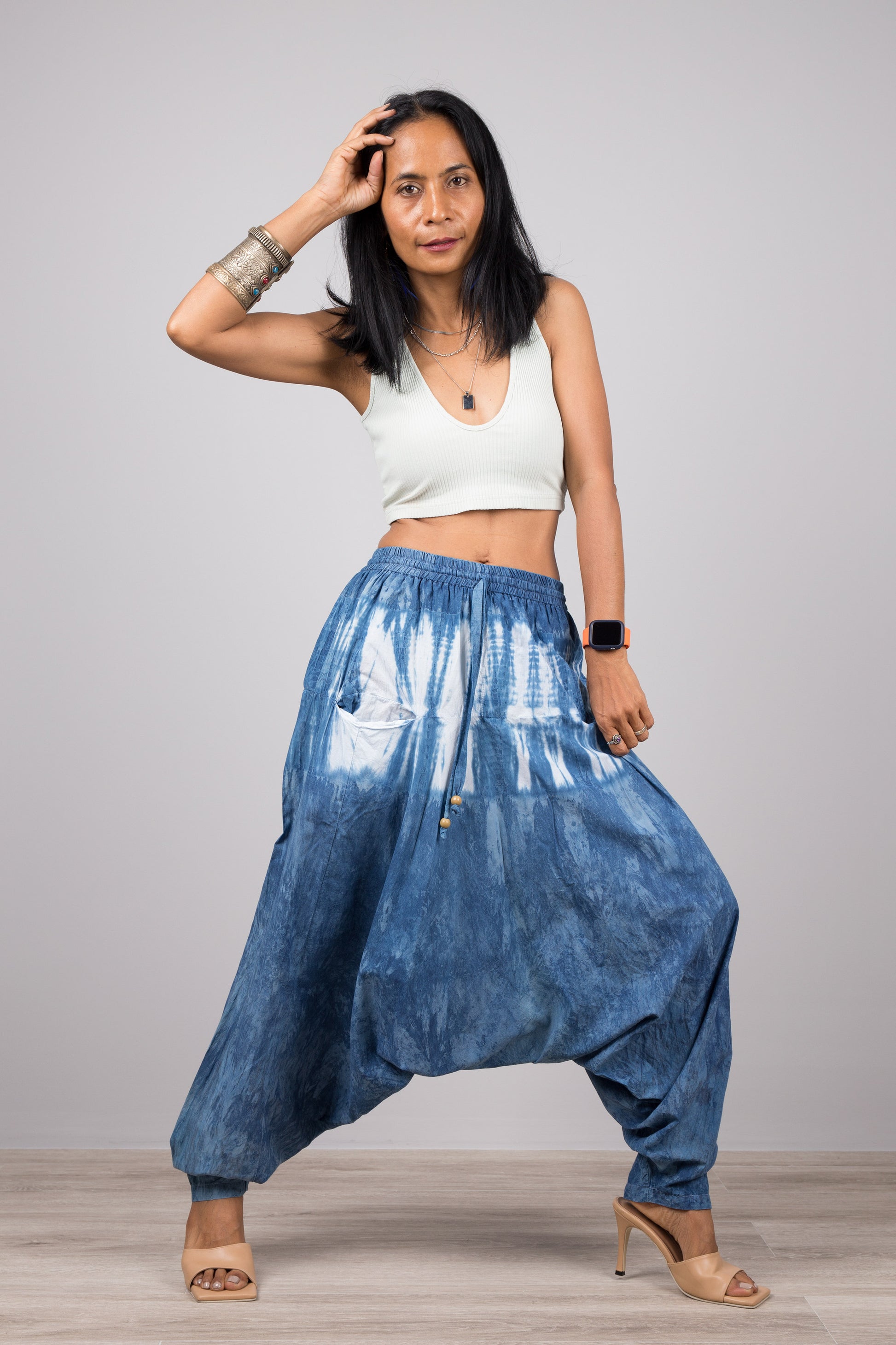Shibori tie dye pants by Nuichan.  Natural indigo blue harem pants