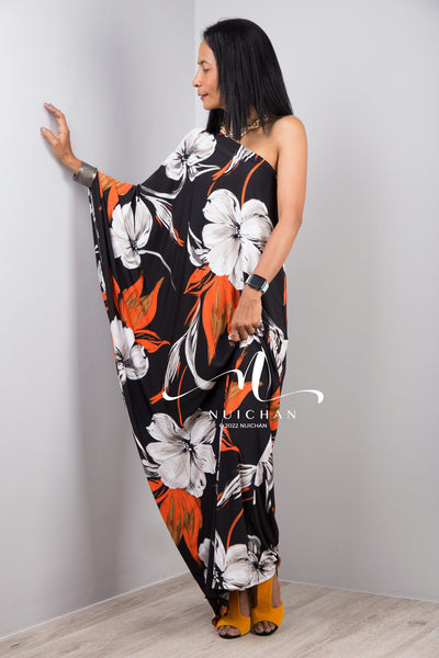 Nuichan Women's Off the shoulder black maxi dress with floral print 