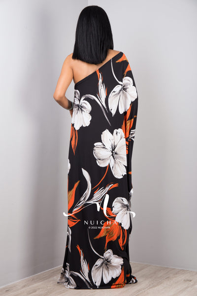 Nuichan Women's Off the shoulder black maxi dress with floral print 