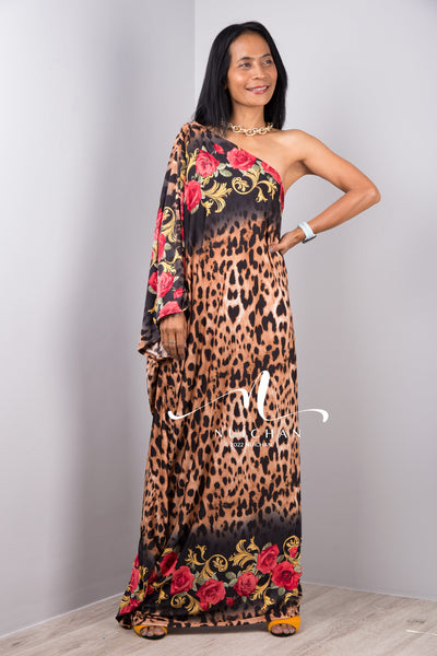 Nuichan Women's Off the shoulder boho chic leopard print maxi dress 