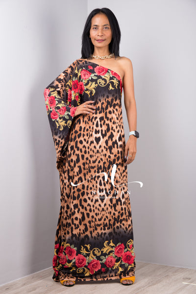 Nuichan Women's Off the shoulder boho chic leopard print maxi dress 