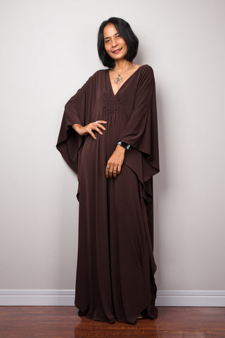 Buy kaftan for women online.  Dark chocolate brown kaftan dress by Nuichan