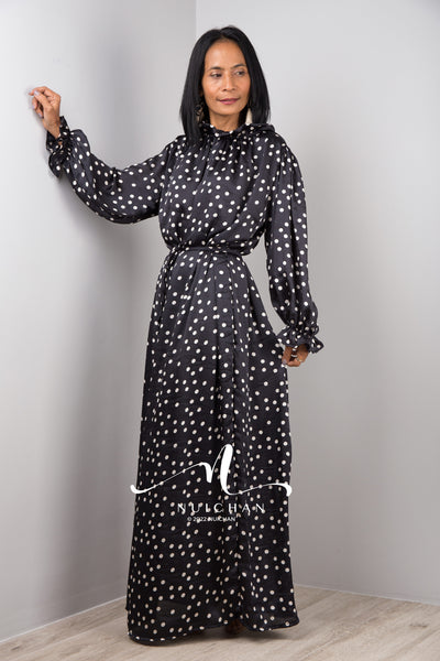 Black Chiffon Maxi Dress by Nuichan with polka dots and long Sleeves Modest Gown dress with ruffles at sleeves