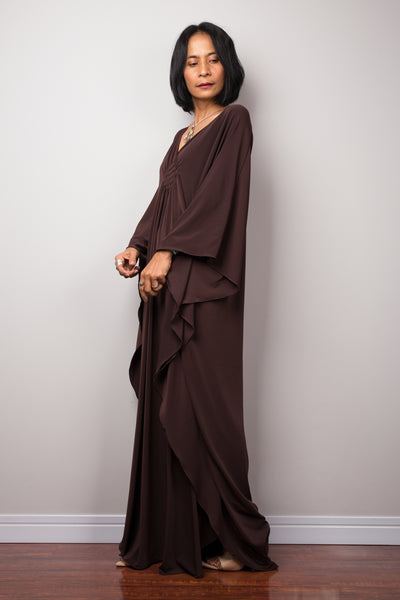 Brown kaftan dress with plunging neckline