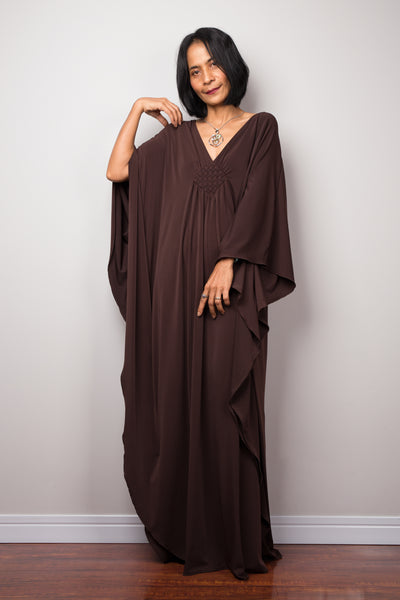 Elegant brown evening dress.  Nuichan offers timeless kaftans at affordable prices.