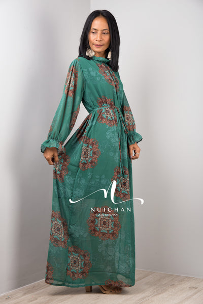 Nuichan women's chiffon maxi dress, long sleeve dress in green.
