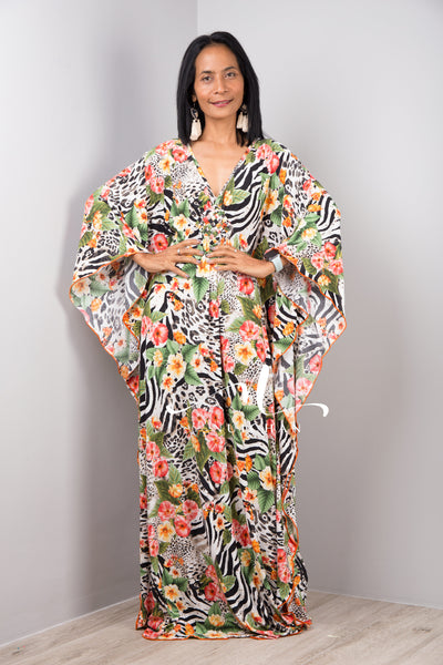 Nuichan Women Kaftan Dress with floral boho print Halston style kaftan