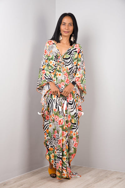 Nuichan Women Kaftan Dress with floral boho print Halston style kaftan