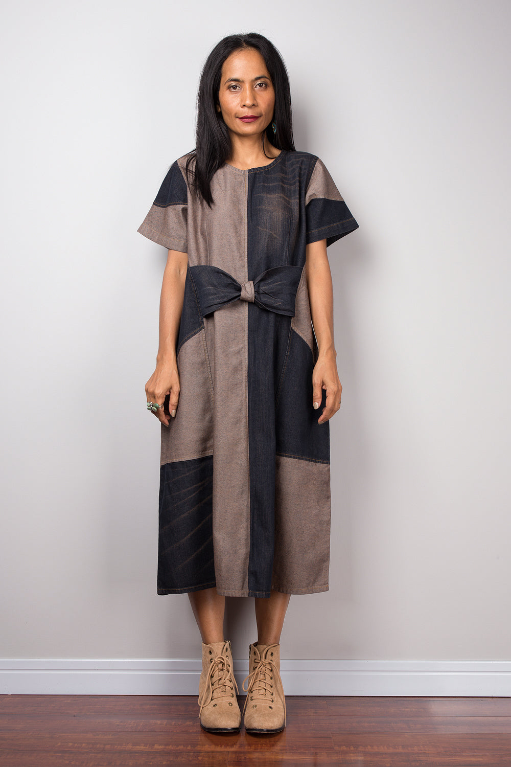 mid length denim dresses Women's Drop Waist Button Up Denim Midi Dress, Mid Wash