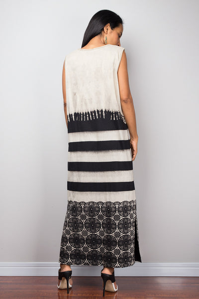 Tie dye dress, Bleached sleeveless Tube Maxi Dress, Summer Boho Festival Beach dress, Bleached Dress, T- shirt dress, Long beige and black Dress
