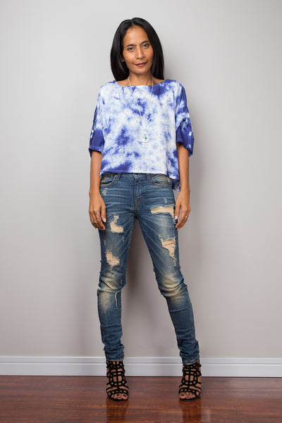 Boho Tunic, Blue Tie Dye Blouse, Tie Dye Blouse / Beach Wear, Indigo top : Shibori Collection