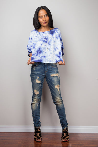 Boho Tunic, Blue Tie Dye Blouse, Tie Dye Blouse / Beach Wear, Indigo top : Shibori Collection