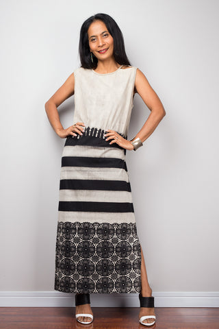 Tie dye dress, Bleached sleeveless Tube Maxi Dress, Summer Boho Festival Beach dress, Bleached Dress, T- shirt dress, Long beige and black Dress
