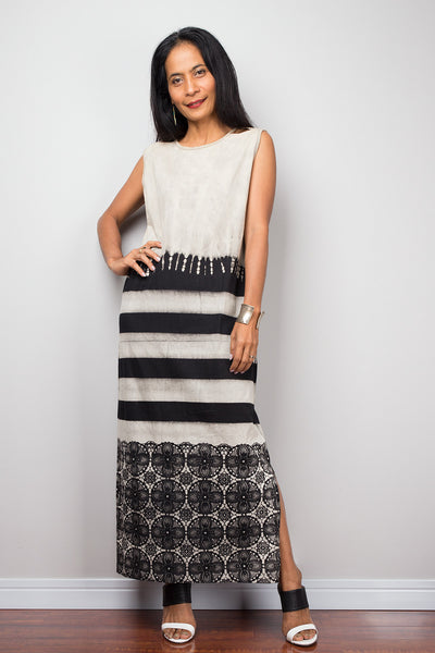Tie dye dress, Bleached sleeveless Tube Maxi Dress, Summer Boho Festival Beach dress, Bleached Dress, T- shirt dress, Long beige and black Dress