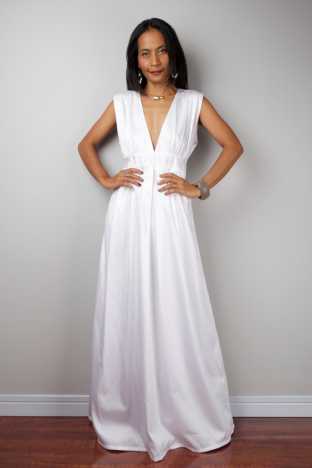 White Maxi Dress, Long white sleeveless dress, High waist dress, Bride