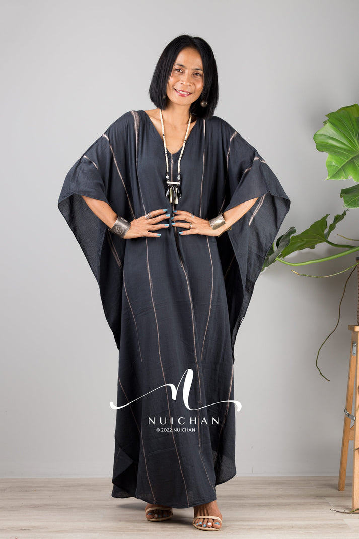Black - Bandhani Tie-Dye Cotton Kaftan with Tie-Up Waist (Long)