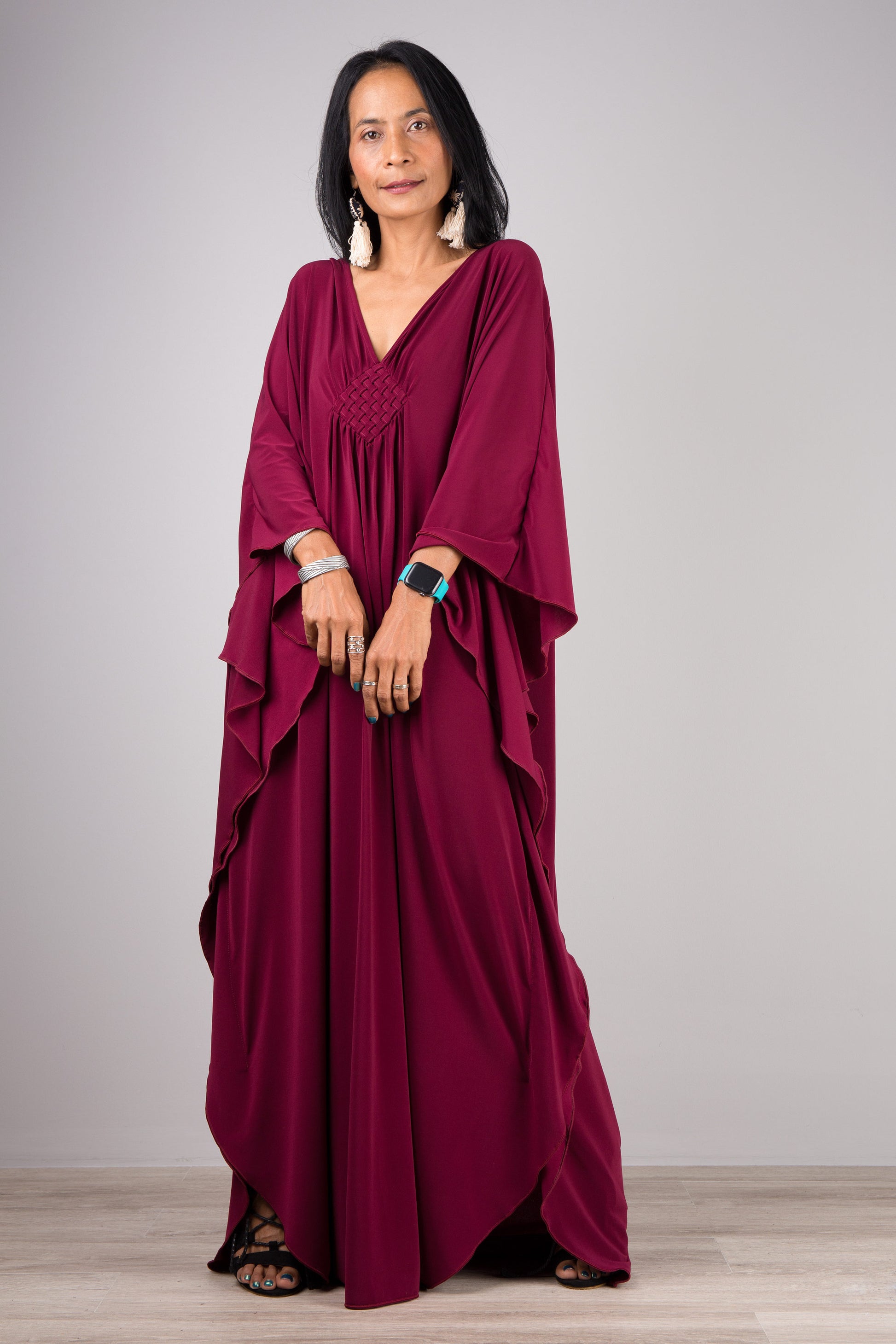 burgundy kaftan dress Burgundy Frill Sleeve A Line Embroidered V Neck Turkish Kaftan Gown 42