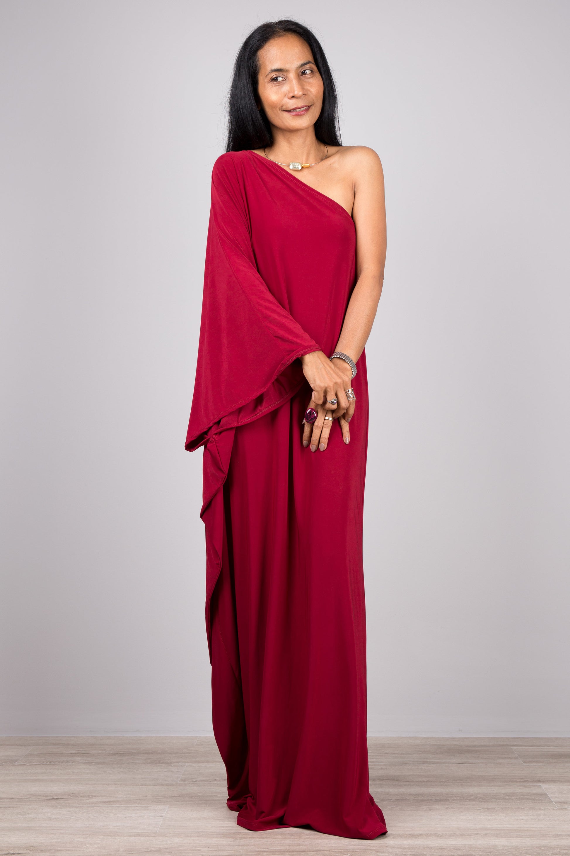 red off one shoulder dress Paloma One Shoulder Draped Mini Dress in Red