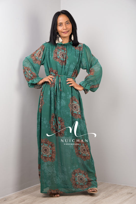Nuichan women's chiffon maxi dress, long sleeve dress in green.