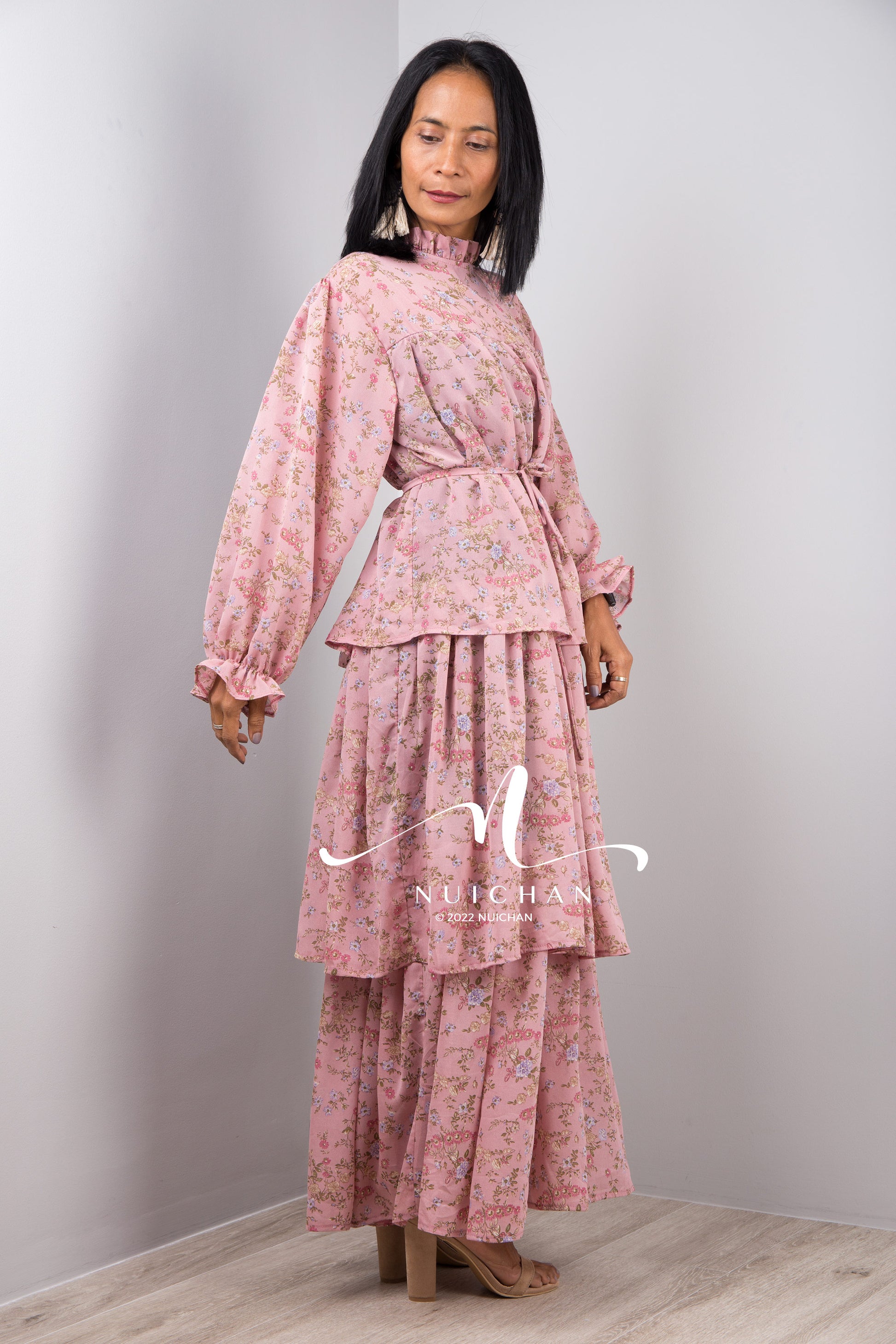 Nuichan women's chiffon maxi dress, long sleeve pink floral dress Nuichan women's chiffon maxi dress, long sleeve pink floral dress