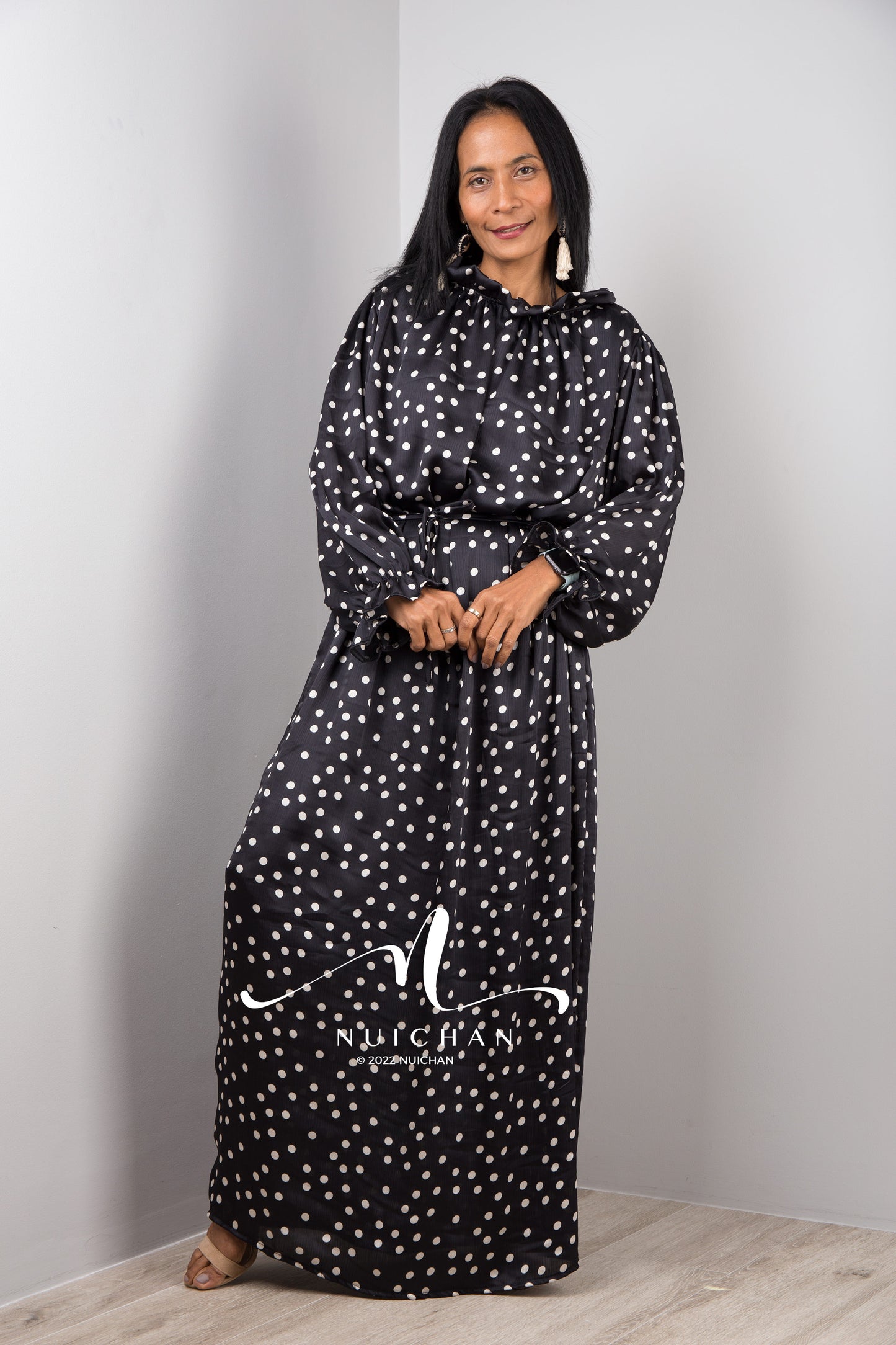 black polka dot chiffon dress Yadira Black Base Polka Dot Chiffon Maxi Dress XL / 10-12