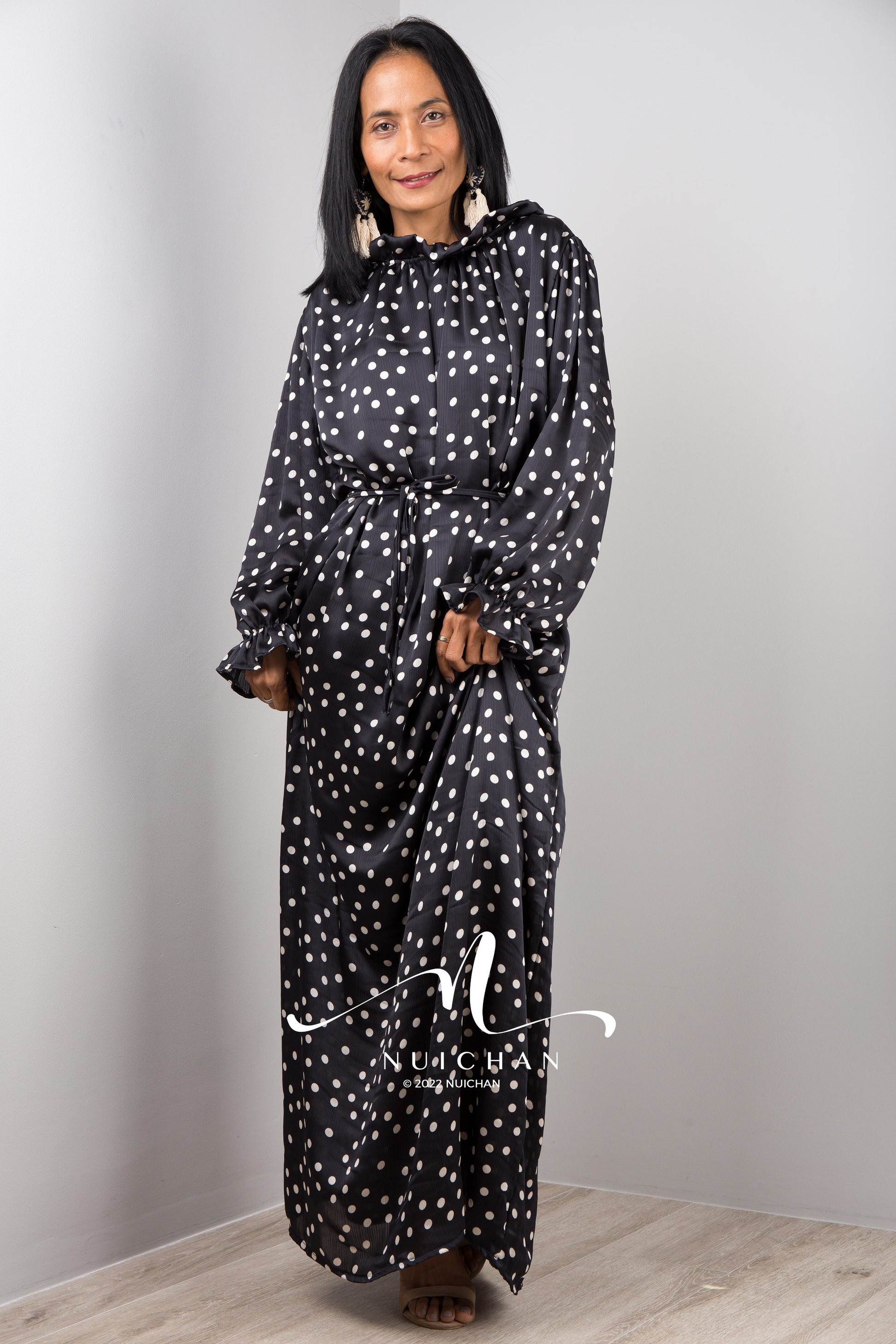 Nuichan Black chiffon maxi dress, long sleeve dress with polka dots