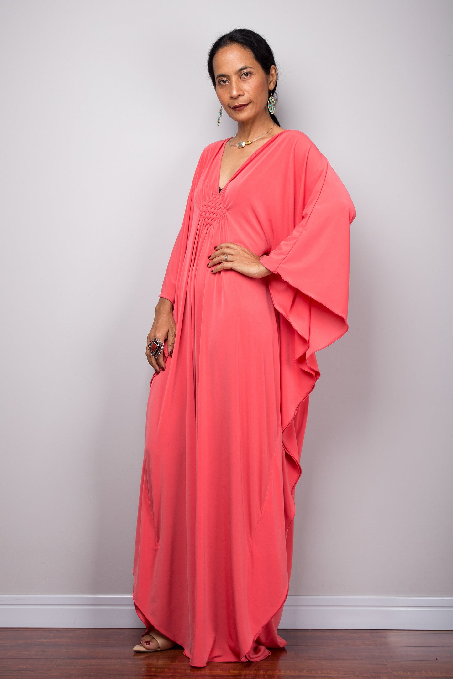 Coral caftan dress by Nuichan - side view