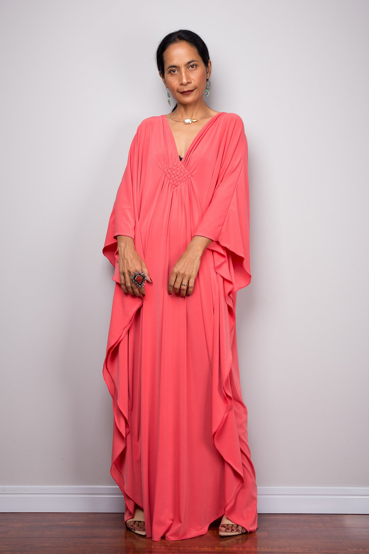 Coral pink kaftan by Nuichan - Batwing sleeve design - front view