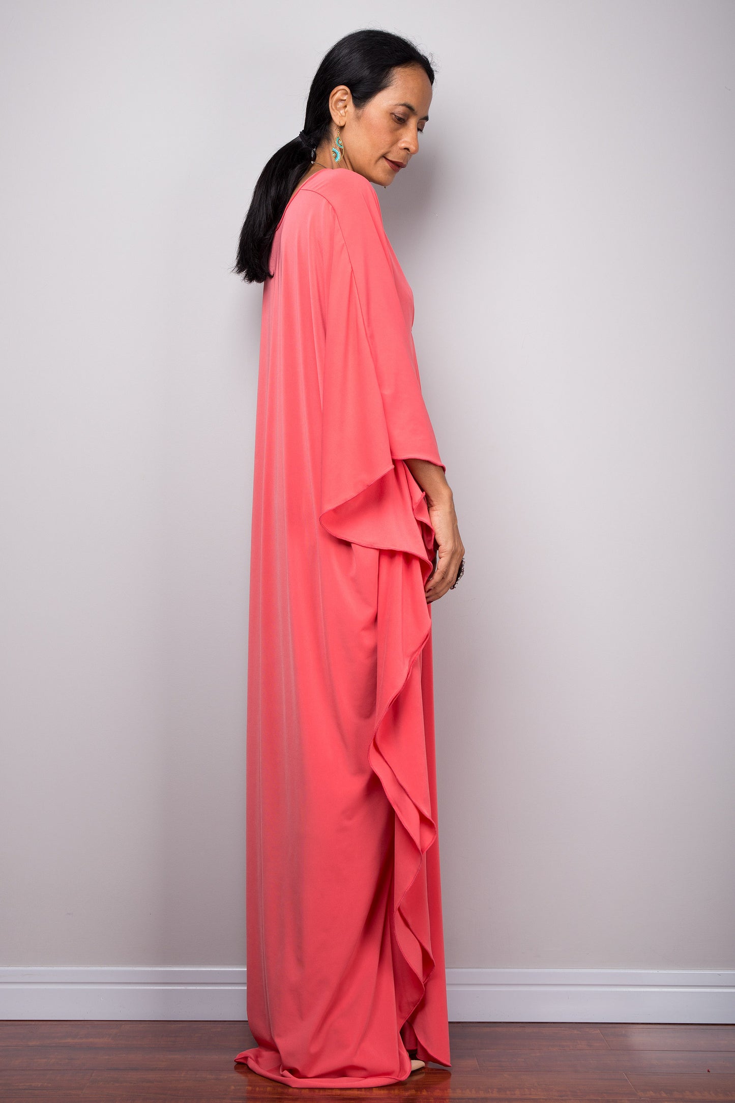 Long pink coral kaftan dress - side view