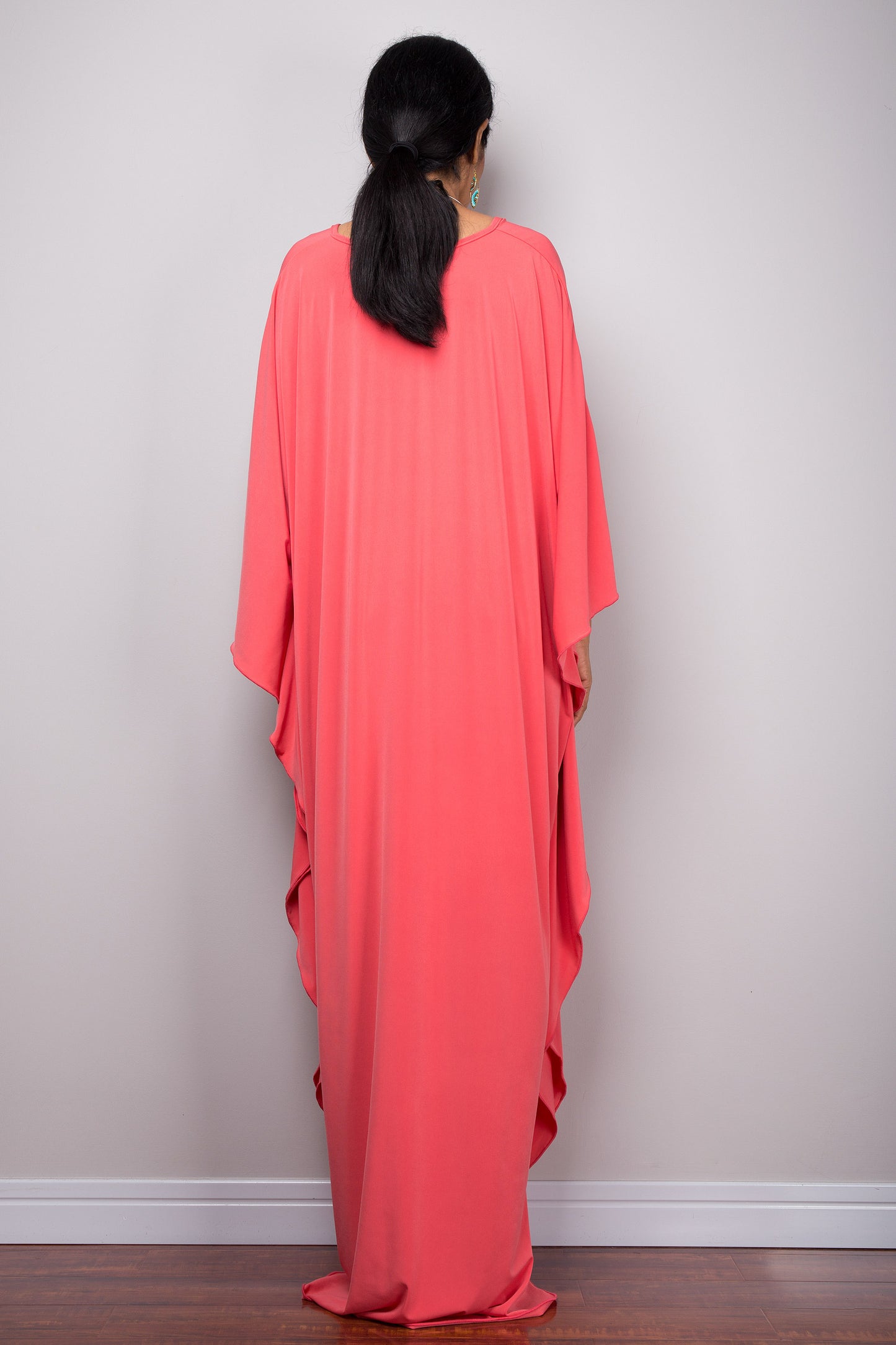 Coral pink kaftan dress by Nuichan - back view