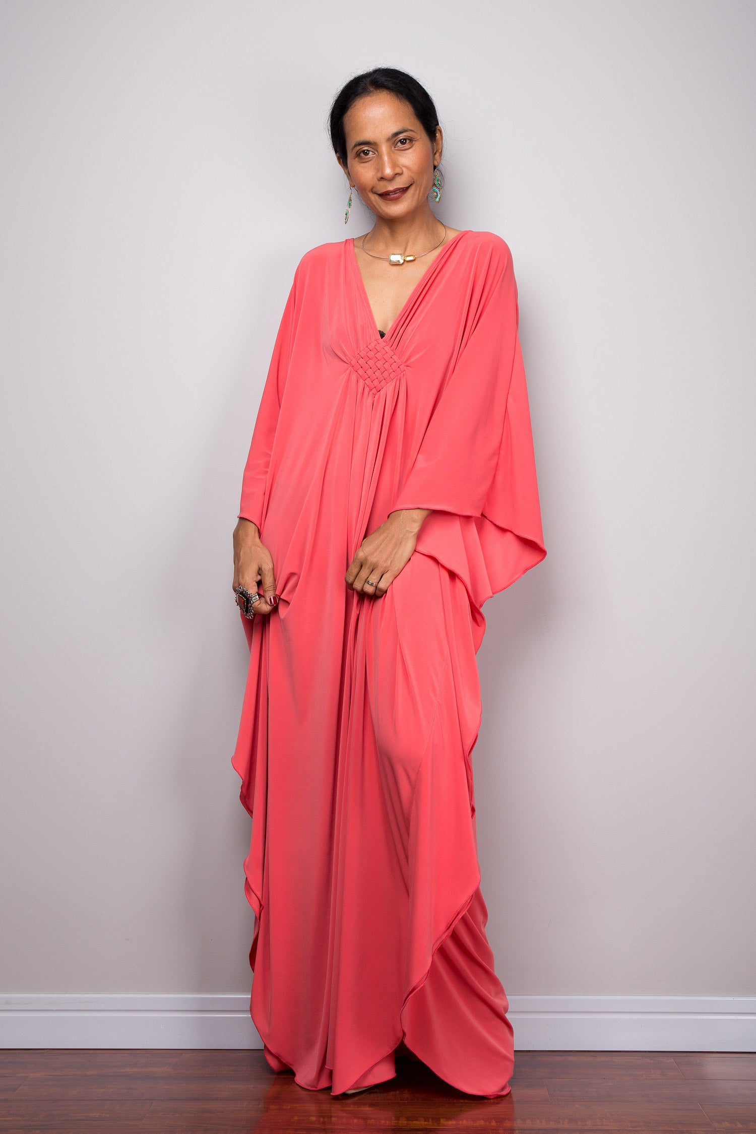 Long coral pink caftan by Nuichan - Front view